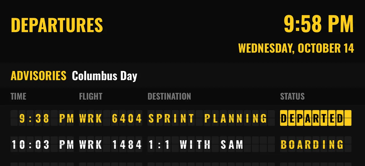Solari theme: black split-flap board with yellow text